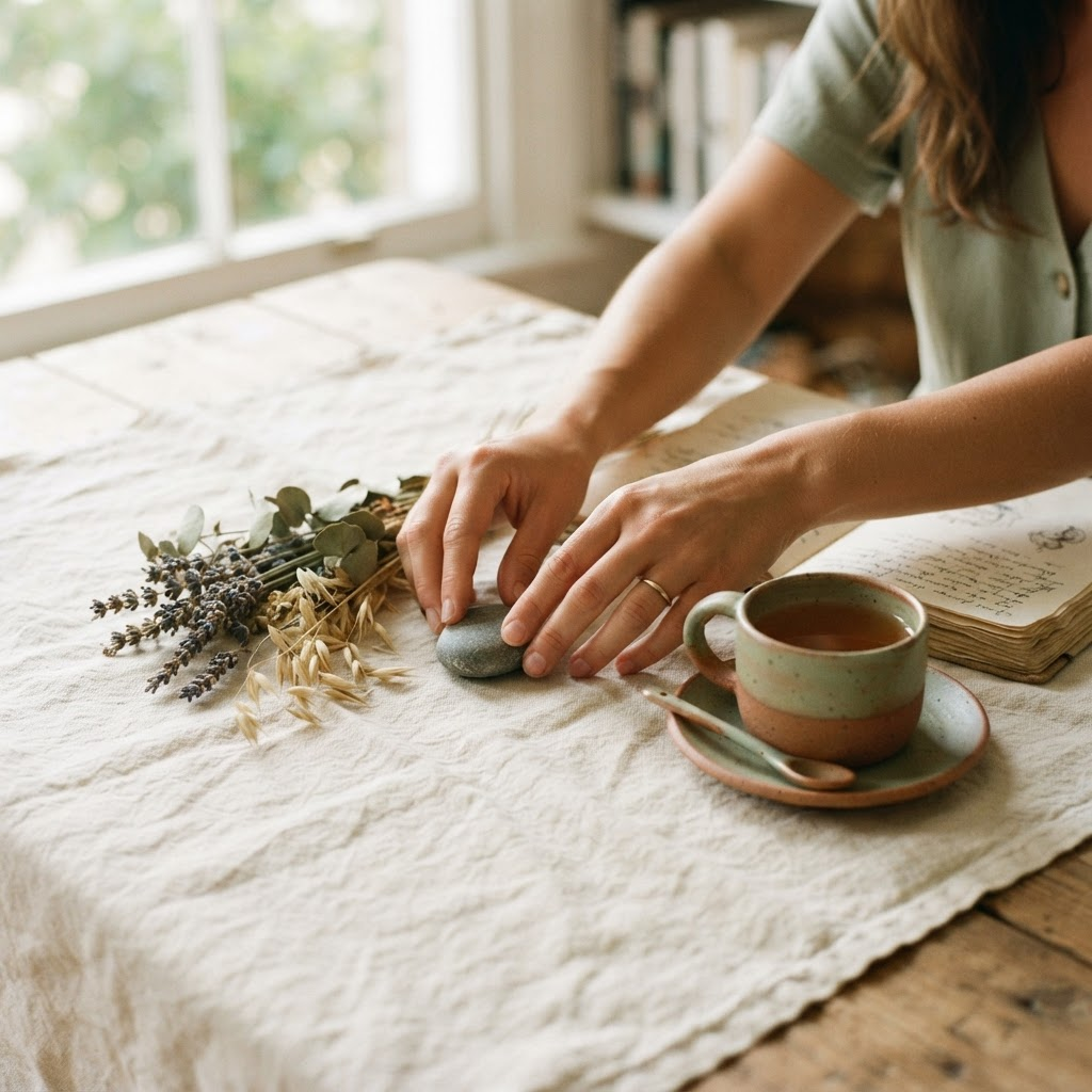 Materiales de trabajo: cuaderno, flores secas y piedras sobre lino, en luz natural